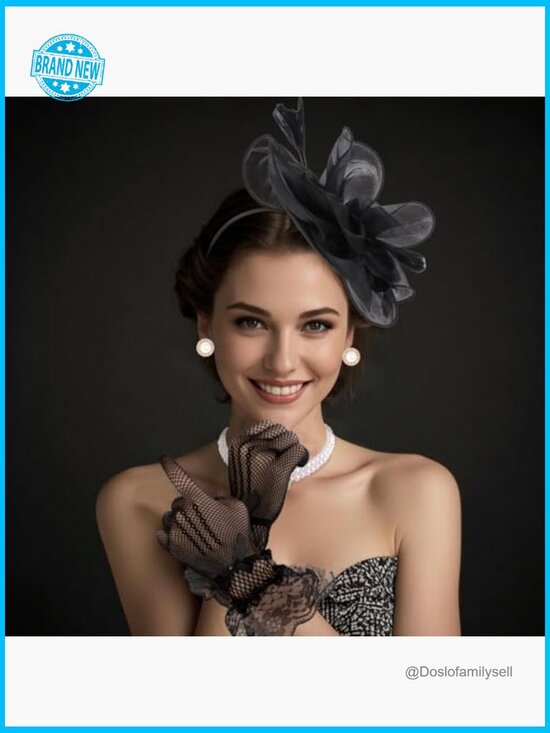 Fascinator Hat Set with Lace Gloves Pearl Necklace Earrings Feather Derby Hat main image 5